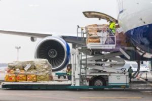 Loading cargo into aircraft before departure in Domodedovo airport in Moscow Russia