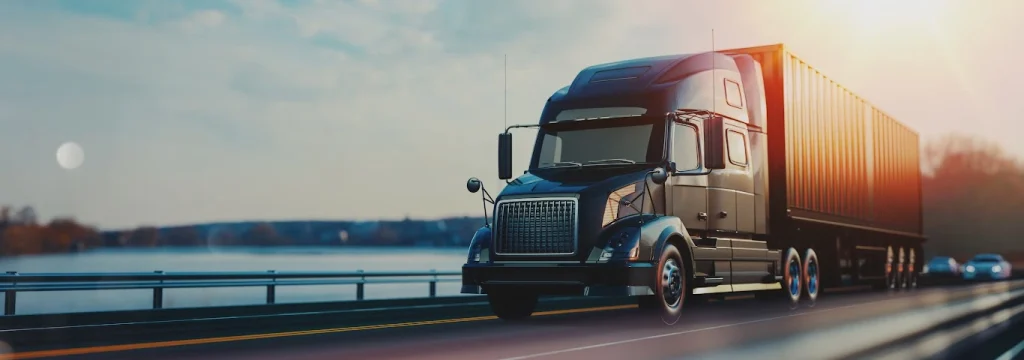 Big ten wheels truck with container for logistics running on road under sunset with natural river background