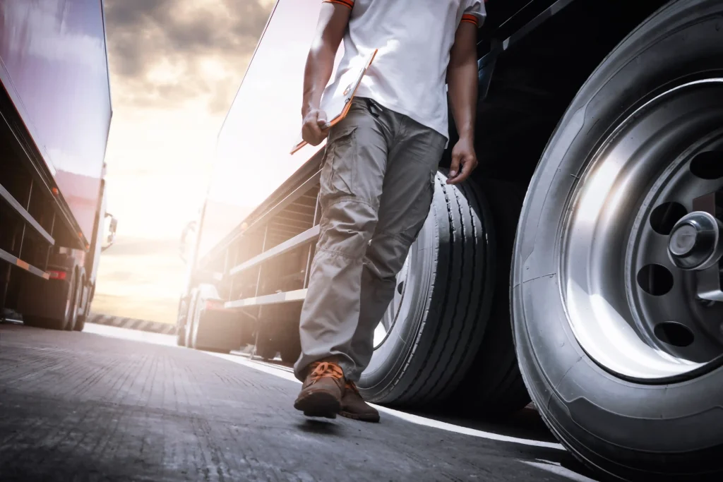 Hot shot truck driver walking between trucks while performing inspection