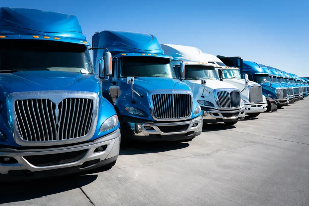 Fleet of blue 18 wheelersemi trucks