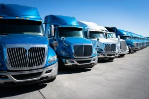 Fleet of blue 18 wheelersemi trucks