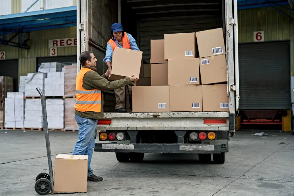 Truck driver and service center employee loading boxes into truck